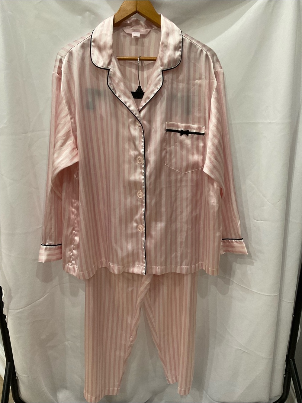 Victoria's Secret Pink Striped Satin Pajama Set with Black Piping L